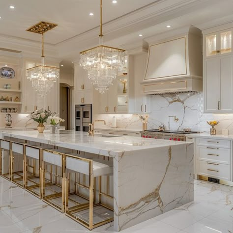 Cafehailee Quartz With Sparkle Countertops, Cream And Gold Kitchen Ideas, Soft Kitchen Aesthetic, Gold Theme Kitchen, Kitchen Decor White Cabinets, Copper And White Kitchen, Kitchen White And Gold, Modern Glam Kitchen, Elegant Kitchens Luxury