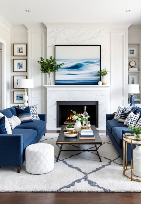 Coastal Living Room Coastal Navy Blue Living Room, White Blue Living Room Ideas, Modern Nautical Living Room, Monochromatic Blue Living Room, Modern Beach Condo Decor, Coastal Classic Living Room, Navy And White Living Room Ideas, Coastal Sitting Room, Coastal Fireplace Ideas