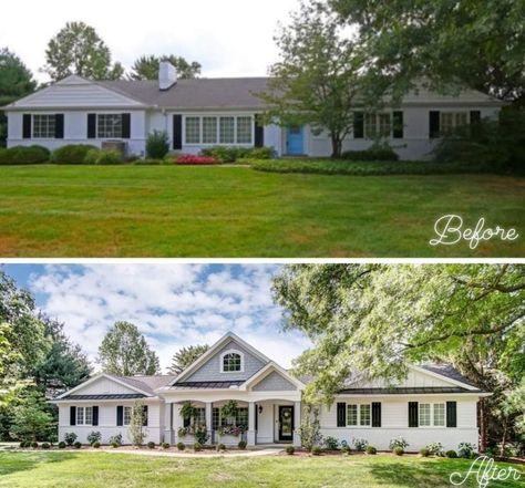 Roof Pitch Before And After, Brick Ranch Makeover House Exteriors, Bedford Stone House Exterior Remodel, Ranch Home Extension Ideas, Ranch Style Exterior Remodel, Adding Gables To A Ranch Home, Ranch House Before And After, Faux Dormers On Ranch House, 60s Ranch Exterior Remodel