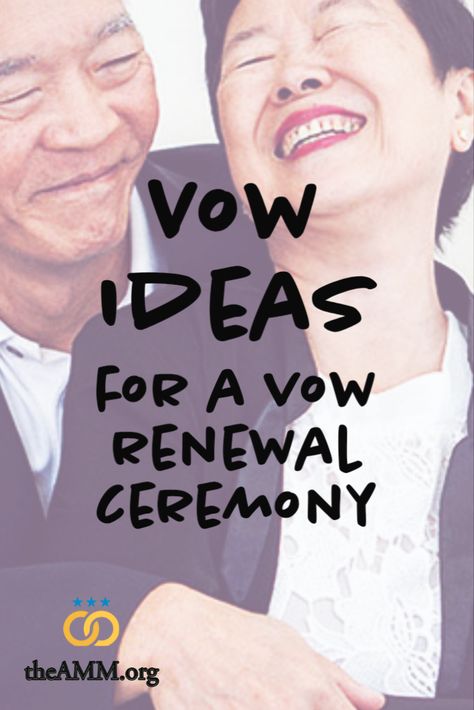 An older couple laughs happily while embracing at their wedding vow renewal ceremony. They are both wearing dark coats, and the woman has a white lace shirt underneath. Over the image are the words "Ideas for a Vow Renewal Ceremony" and the American Marriage Ministries logo, of two gold rings and three blue stars, and the website address TheAMM.org Vow Renewal Words, 25th Wedding Renewal Dress, 50 Years Of Marriage 50th Wedding Anniversary Vow Renewals, Summer Vow Renewal Colors, Vows To Husband Renewal, Simple Wedding Vow Renewal Ideas, 50th Wedding Anniversary Vow Renewal, Marriage Renewal Vows, Vow Renewal 50 Years 50th Wedding Anniversary