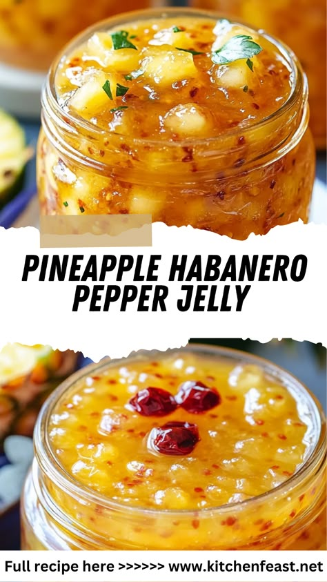 Discover a unique Pineapple Habanero Pepper Jelly! Sweet and fiery, it's perfect for toast, meats, or charcuterie boards. Easy and full of tropical flavor! Habanero Pepper Jelly Recipe, Best Pepper Jelly Recipe, Habanero Jelly Recipe, Habanero Pepper Jelly, Habanero Recipes, Pepper Jelly Recipe, Pineapple Jelly, Pineapple Salsa Recipe, Orange Bell Pepper