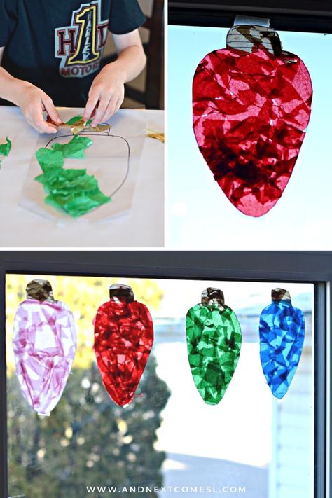 A collage of photos showing giant colorful Christmas light suncatchers hanging in a window as well as a closeup of a child's hand making one Suncatchers Craft, Christmas Suncatchers, Arts N Crafts, Easy Christmas Craft, 3 Dinosaurs, Preschool Christmas Activities, December Crafts, Christmas Crafts For Toddlers, Preschool Christmas Crafts