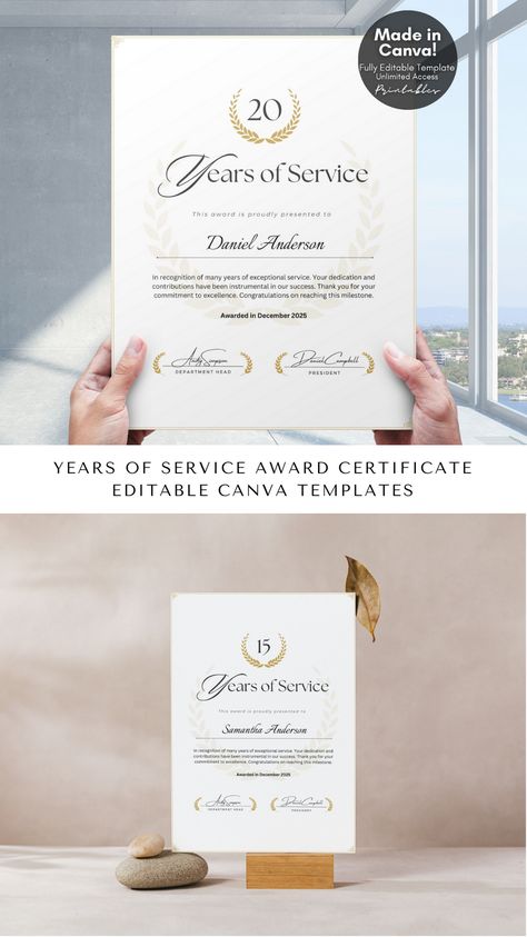 Editable Years of Service Award Certificate, Employee Work Anniversary Award, Certificate of Recognition, Certificate of Appreciation, Corporate Gift for Employee in Company Award, Custom Certificate Template, Editable Canva Templates - Digital Download  * Employee Recognition and Appreciation: 🏆 * Acknowledge the dedication and hard work of your team members by presenting them with a personalized Years of Service Award Certificate. It's a tangible expression of appreciation for contributions. Service Award Certificate, Recognition Certificate, Certificate Of Recognition, Gift For Employees, Digital Downloads Printables, Awards Certificates Template, Canvas Learning, Work Anniversary, Certificate Of Appreciation