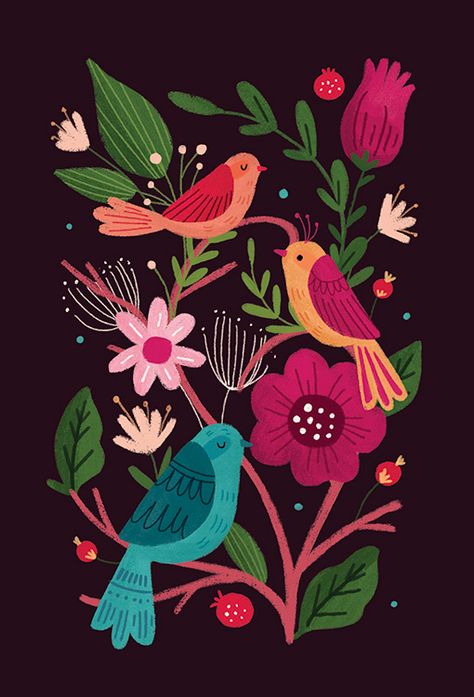 Folk Art On Black Background, Art With Black Background, Bright Color Art, 자작나무 그림, Black Background Art, Birds Colorful, Black Background Painting, Background Inspiration, Arte Folk