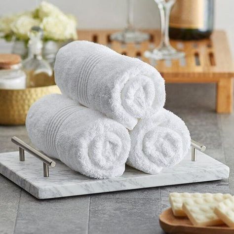 Tub Table Towels, Master Bath Hand Towel Ring, Hand Towels Bathroom Basket, Bath Towels Display Basket, Folding Hand Towels Spa, Hotel Blankets Products, New House Towel, Spa Towel Folds, Ottoman Tray Styling Bathroom