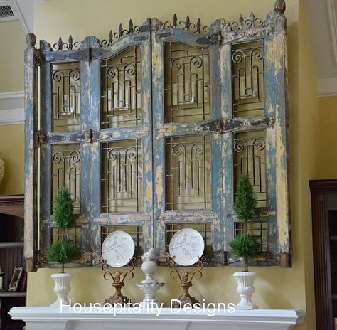 Antique Wood and Iron Shutters Over Mantel | Flickr - Photo Sharing! Old Window Shutters, Shutter Wall, Summer Mantel, Old Shutters, Funky Junk Interiors, Wood Shutters, Window Shutters, Old Windows, Yellow Walls