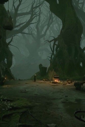 Swamp Fantasy Landscape, Cursed Forest Art, Creepy Fantasy Forest, Scary Forest Art, Dark Swamp Aesthetic, Swamp Aesthetic Dark, Fantasy Campsite, Camp In Forest, Clearing In Forest