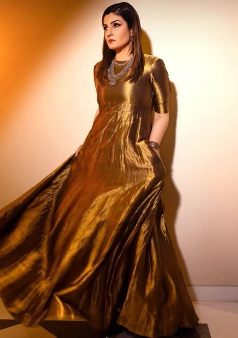 Gold Anarkali, Kgf 2, Raveena Tandon, Raw Mango, Anarkali Dress Pattern, Long Dress Design, Indian Dresses Traditional, Designer Saree Blouse Patterns, Designer Party Wear Dresses