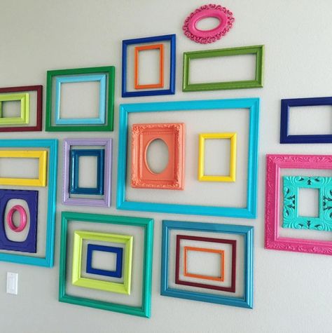 21 gallery wall ideas that will solve your blank wall woes Wall Frames For Bedroom, Cool Wall Decorations, Painting Hanging Ideas On Wall, Maximalist Decor Picture Frames, Painting A Classroom Wall Ideas, Mural Photo Wall, Colored Picture Frames On The Wall, Decorating With Frames Wall, Colourful Frames On Wall