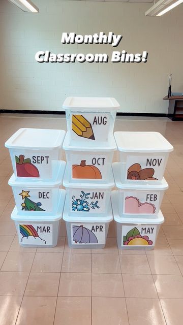 Classroom Monthly Storage, Organization Classroom Elementary, Preschool Supply Organization, Classroom Storage Closet, Classroom Wish List Display, The Home Edit Classroom, Classroom Organization Prek, Daycare Center Ideas Preschool Classroom, Classroom Teacher Organization