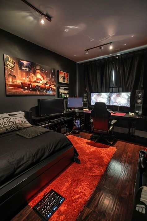 Room Design For Men, Home Decor Ideas Men, Gaming Room Design, Small Room Setup, Room Ideas Men, Studio Room Design, Room Ideas For Men Bedroom, Gaming Bedroom, Mens Bedroom Decor