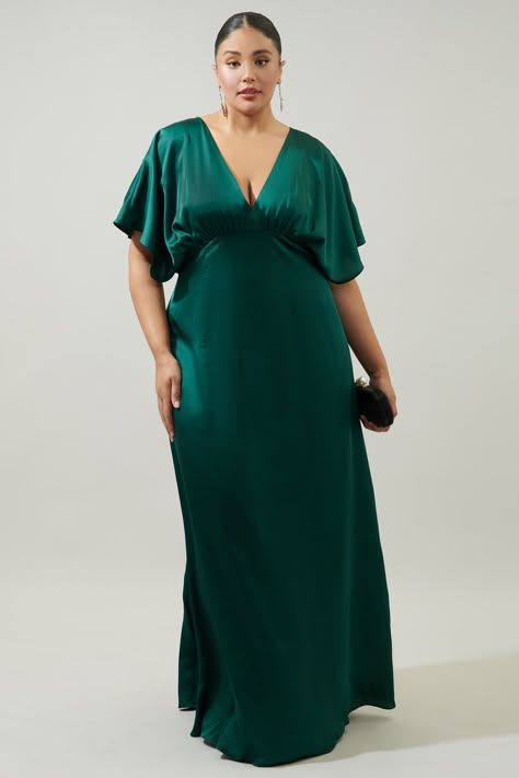 Darling Flutter Sleeve Cut Out Satin Maxi Dress Curve Plus Size Satin Dress, Empire Cut Dress, Plus Size Wedding Guest Dress, Curvy Women Dresses, Updo Curly, Plus Size Gowns, Plus Size Formal, Plus Size Party Dresses, Legging Outfits