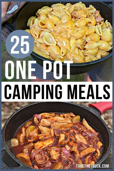 One Pot Camping Meals - 25 Easy One Pot Camping Recipes Soups For Camping, One Pot Campfire Meals, Solo Camping Meals, Dinner Camping Ideas, Camp Stove Meals, Camping Meals For Two, Pre Made Camping Meals, Camping Stew, Premade Camping Meals