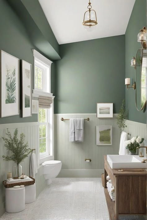 Best Colors For Tiny Bathroom, Painted Bathroom Inspiration, Modern Room Paint Wall Colors, Green Accents In Bathroom, Grey Tile Green Walls Bathroom, Bathroom Design Color Palette, Green White Bathroom Ideas, Sage Green Bathroom Accent Wall, Bathroom Painted Green