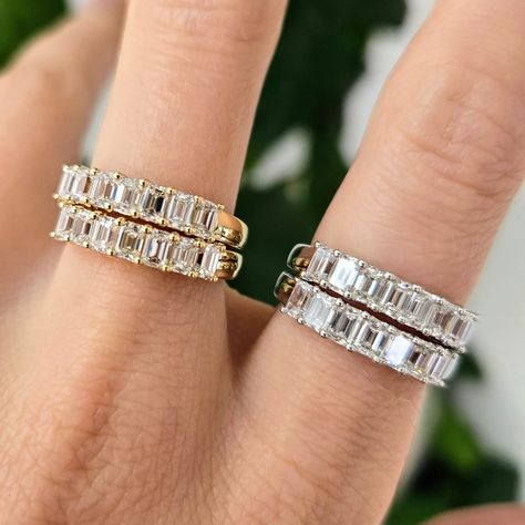 Made to order lab grown emerald cut diamond bands!! So cute 💎 #diamondband #emeraldcutdiamond #labgrowndiamond #mohrcreations Emerald Diamond Band, Eternity Band Stack, Emerald Cut Eternity Band, Emerald Cut Diamond, Emerald Cut Diamonds, Color Ring, Diamond Band, Emerald Diamond, Eternity Bands