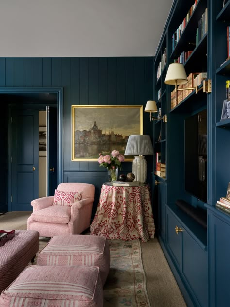 Blue Home Library, Home Library Office, Chapel Conversion, 1960s Chairs, Library Office, Airy Room, London Townhouse, Paint And Paper Library, Yellow Sofa