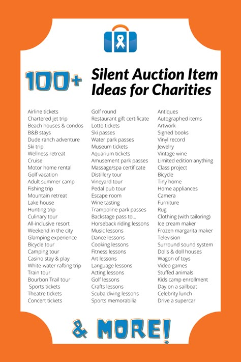 100 Silent Auction Item Ideas for Charities Silent Auction Set Up Ideas, Quarter Auction Ideas, Pto Auction Ideas, Silent Auction Items For Fundraiser, Silent Auction Experience Ideas, Pto Silent Auction Ideas, Charity Auction Ideas, Fundraising Banquet Ideas, Silent Auction Gift Ideas