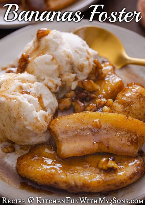 Sliced bananas are tossed in a caramelized buttery rum sauce then lit on fire in this classic Bananas Foster recipe. Serve over vanilla ice cream for an easy yet elegant dessert. #easydesserts #dessertrecipes Banana Foster Recipe Rum, Easy Banana Foster Recipe, Banana Fosters Recipes, Banana Foster Recipe Easy, Bananas Foster Recipe, Banana Fosters, Bananas Foster Sauce, Holiday Cooking Ideas, Roll Desserts