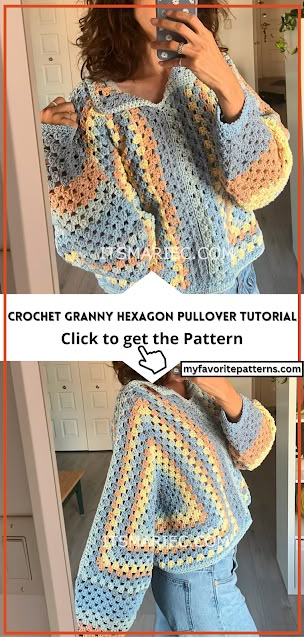 Create your own stylish Granny Hexagon Pullover Sweater with this step-by-step crochet tutorial! Learn how to craft this cozy and customizable sweater using a 5mm crochet hook and Karen Cotton Cakes yarn. Follow along to make two identical hexagonal pieces, add sleeves, and personalize the fit for a trendy addition to your wardrobe! Perfect for crochet enthusiasts and fashionistas looking to craft a unique and comfy pullover. Hexagon Pullover, Crochet Granny Hexagon, Hexagon Sweater, Hexagon Crochet Pattern, Granny Hexagon, Crochet Pullover Pattern, Crochet Granny Stitch, Crochet Sweater Design, Baby Pattern