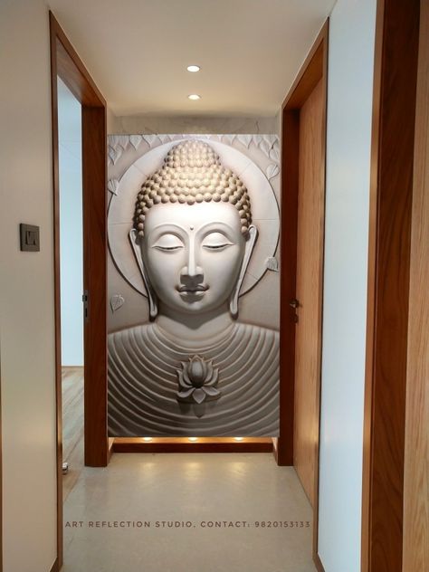 Buddha Partition Design, Siporex Carving, Buddha Wall Decor Interior Design, Buddha Wall Painting, Entrance Lobby Design, Buddha 3d, Buddha Wall Decor, Elevation Ideas, Balcony Glass Design