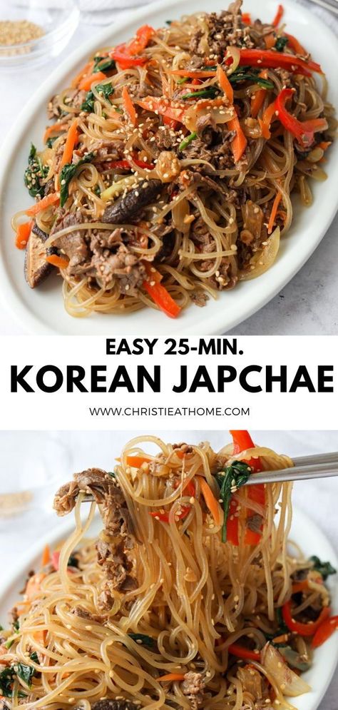 Easy 25-min. Japchae aka Korean glass noodle stir-fry. Chewy sweet potato starch noodles with marbled beef, colorful stir-fried vegetables in a sweet soy sesame sauce #japchae recipe korean #jap chae recipe korean #japchae recipe easy #korean dishes #japchae aesthetic Japchae Aesthetic, Chapchae Recipe, Easy Korean Dishes, Sweet Potato Glass Noodles Recipe, Jap Chae Recipe, Japchae Recipe Korean, Potato Starch Noodles, Korean Japchae, Jap Chae