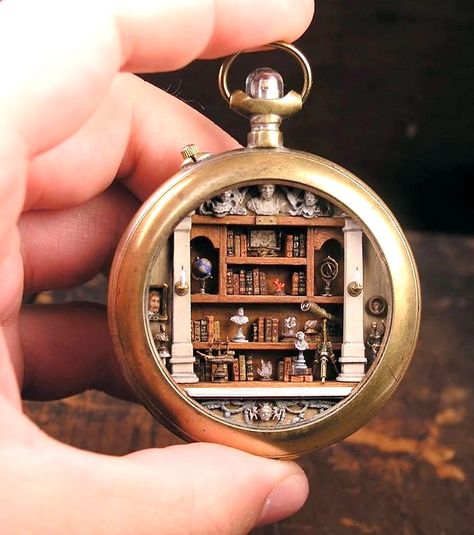 Miniature Shelves, Pocket Clock, Miniature Library, Tiny Library, Old Pocket Watches, Antique Pocket Watch, Pocket Watch Antique, Miniature Trees, Tiny World