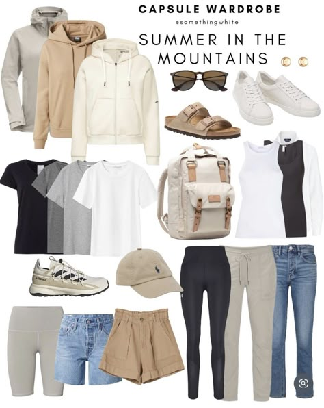 Outdoor Holiday Outfit, Summer In The Mountains Outfits, Mountain Trip Outfit Summer, Hiking Capsule Wardrobe, Summer Mountain Outfit, Banff Outfit Summer, Hiking Trip Outfit, Mountain Trip Outfit, Summer Mountain Vacation Outfits