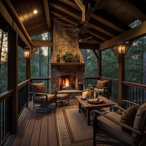 Discover how to safely incorporate a fireplace into your covered deck. Follow our expert tips to prevent fire hazards and enhance your outdoor space. Screened In Patio With Fireplace, Deck With Fireplace Outdoor, Partially Covered Deck Ideas, Covered Deck With Fireplace, Covered Porch With Fireplace, Deck With Fireplace, Wraparound Deck, Installing A Fireplace, Deck Maintenance