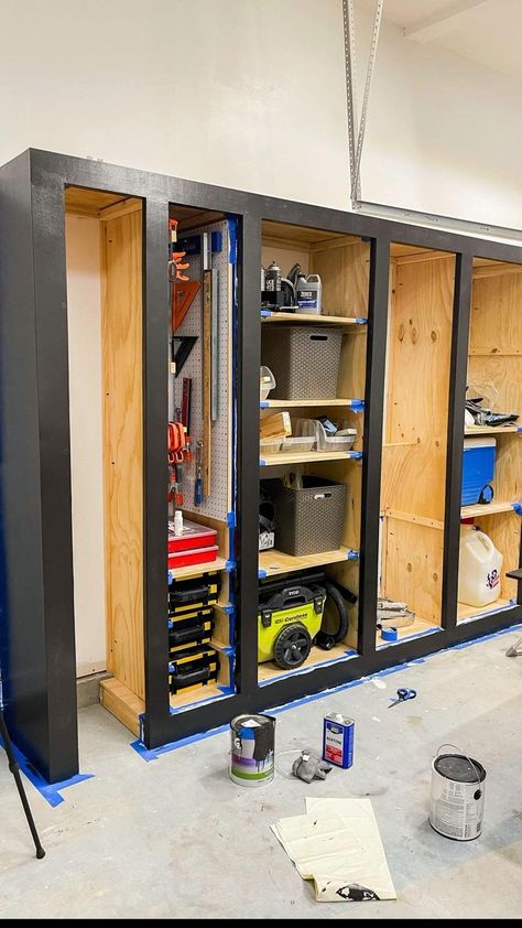 DIY tall black garage cabinet in 2022 | Garage cabinets, Garage storage, Diy garage storage cabinets Garage Gym Diy, Garage Cabinets Diy, Officine In Garage, Garage Storage Plans, Diy Garage Gym, Garage Workshop Layout, Garage Organizer, Black Garage, Garage Storage Inspiration