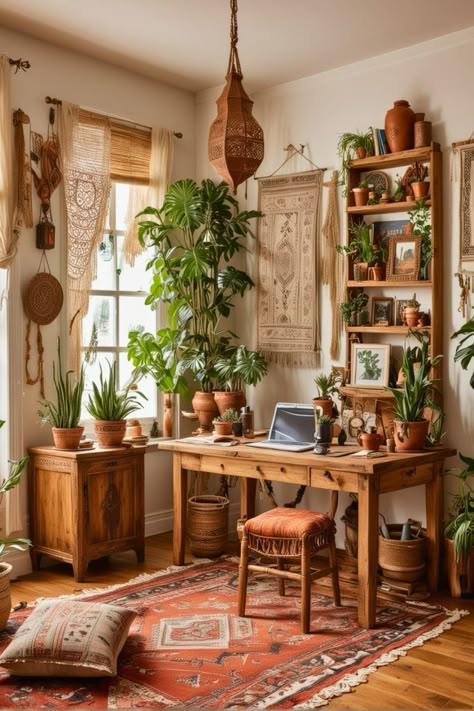 Boho Craft Room Ideas, Cozy Boho Office, Bohemian Home Office Ideas, Boho Desk Space, Cabin Office Ideas, Bohemian Office Space, Boho Home Office Ideas, Boho Office Room, Boho Decor Diy Bohemian Homes