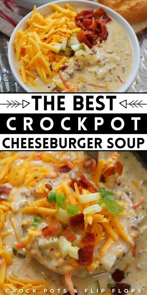 Get ready for some serious comfort food with this amazing Crockpot Cheeseburger Soup from Crock Pots And Flip Flops! It's a beloved family recipe that combines hearty beef, potatoes, crispy bacon, creamy Velveeta cheese, and velvety cream cheese for a meal that's both warm and comforting. Whether you need a quick lunch or a cozy weeknight dinner, this soup is just perfect for any occasion! Crockpot Cheeseburger Soup, Crockpot Cheeseburger, Soup Toppings, Cheeseburger Soup Crockpot, Potatoes And Bacon, Soup With Potatoes, Easy Crockpot Soup, Beef Potatoes, Bacon Cheeseburger Soup