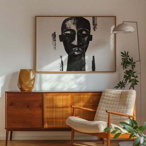 A painting of an African Mask in a modern and contemporary style. Tradition and modernity are beautifully fused together, making it an ideal addition to both contemporary and classic interior designs. IMPORTANT NOTICE, PLEASE NOTE: THIS ITEM IS A DIGITAL DOWNLOAD. NO PHYSICAL ITEM WILL BE SHIPPED. Instructions on how to download the file can be found here: https://etsy.me/36ChGK2 HOW TO PRINT: . You can print at home on your own printer . You can print it out by sending it to printing centers . Modern African Apartment, African Modernism Interior, African Art Home Decor, Black Art Living Room Ideas, Kenya Interior Design, African Mid Century Modern, African American Apartment Decor, African Contemporary Decor, African Apartment Decor