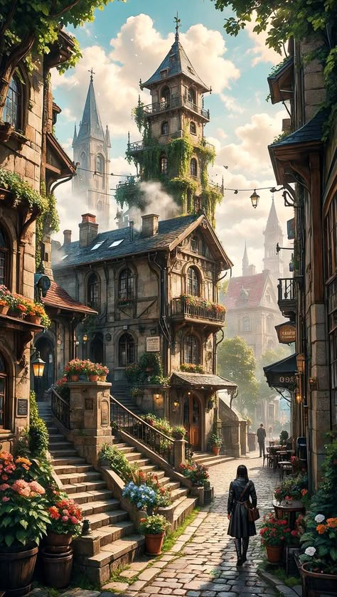 Fantasy City Street, Fantasy City Concept Art, Scientists Aesthetic, Fantasy Civilization, Minecraft Concept Art, Urban Fantasy Inspiration, Clip Art Frames Borders, Fantasy Town, Eco City