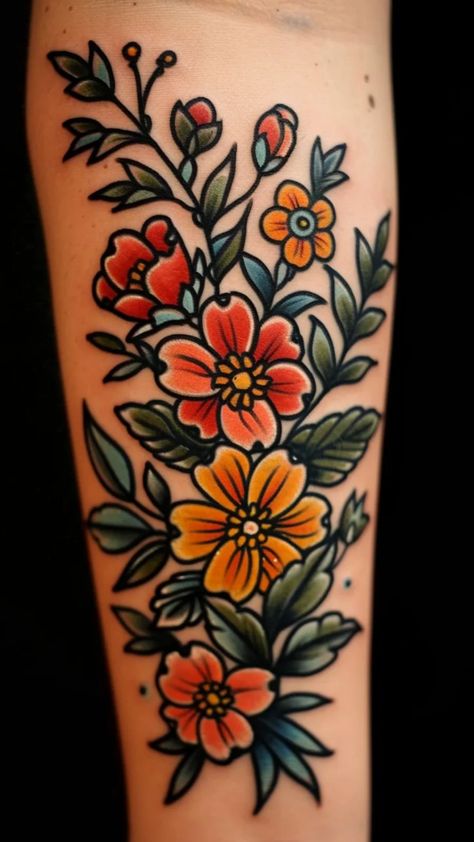 Discover stunning August Birth Flower tattoo design ideas for women. From traditional to neo-traditional styles, explore beautiful Gladiolus and Poppy tattoo inspirations. Whether you're into thigh, arm, or sleeve tattoos, find colorful and small tattoo ideas perfect for celebrating your August birthday. Neo Traditional Violet Tattoo, American Trad Flower Tattoo, Traditional Flower Tattoo Color, Traditional Gladiolus Tattoo, Traditional Floral Tattoo Sleeve, Neo Traditional Flower Tattoo, Traditional Tattoos Flower, Traditional Poppy Tattoo, American Traditional Flower Tattoo