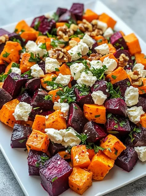 Roasted Beet and Sweet Potato Salad with Feta and Yogurt Dressing: A Hearty Autumn Dish Beetroot Potato Salad, Roasted Beats, Roasted Beets Recipe, Beet Salad With Feta, Easy Quick Meals, Sweet Potato Salad Recipe, Feta Salad Recipe, Beet Salad Recipes, Roasted Beet Salad