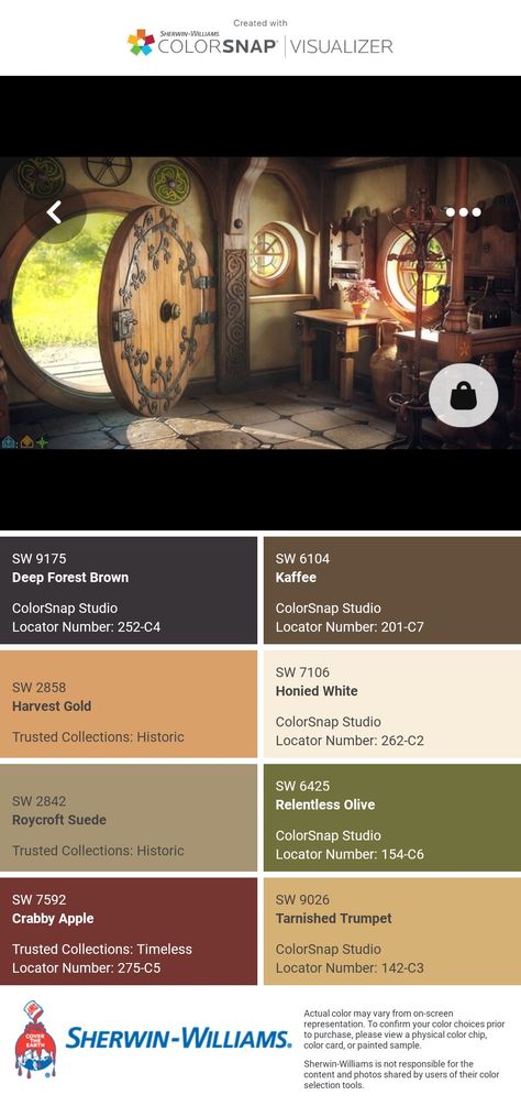 I just created this color palette with the Sherwin-Williams ColorSnap® Visualizer app on my Android phone. What do you think? You can learn more about ColorSnap Visualizer and get it on your phone free by visiting https://www.sherwin-williams.com/content/colorsnap.html. Tiny House Interior Color Schemes, Cottagecore Bedroom Paint Colors, Craftsman Kitchen Paint Colors, Shire Inspired Bedroom, Rivendell Color Palette, Sherwin Williams Primitive Paint Colors, Earthy Color Palette Interior Design, The Hobbit Color Palette, Earth Tone Color Palette Houses Exterior