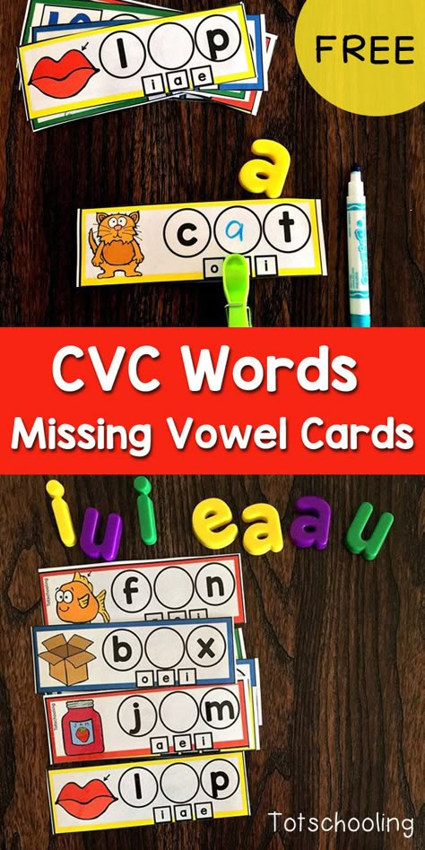 FREE CVC word activity for kindergarten kids to practice reading short vowel words and finding the missing vowel sound. Fun cards for a literacy center. Can be used with dry erase markers and clothespins. Activity For Kindergarten, Vowel Activities, Cvc Activities, Cvc Words Kindergarten, Cvc Word Activities, Kindergarten Reading Activities, Short Vowel Words, Vowel Sound, Literacy Games