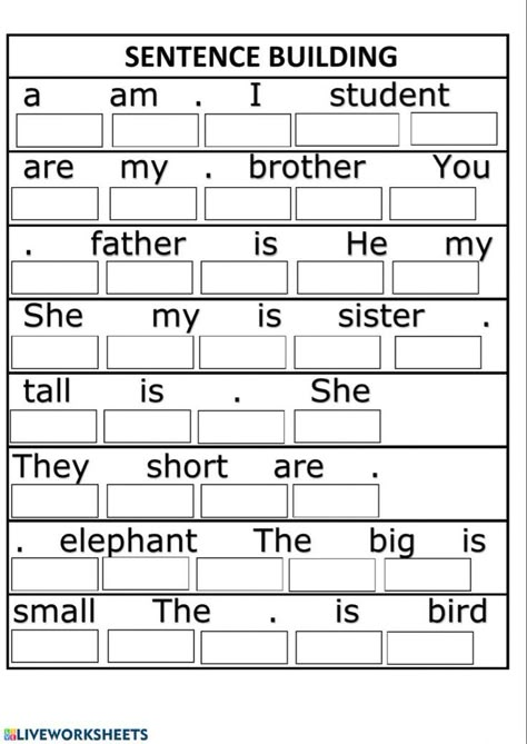 Verb to be interactive and downloadable worksheet. You can do the exercises online or download … | English lessons for kids, Learn english, English vocabulary words Building Words Worksheet, Verbs Activities For Kindergarten, Sentence Worksheet Grade 1, Sentence Building Worksheets For Grade 2, To Be Verbs Worksheet, Verbs Activities For Kids, Build A Sentence Worksheet, There Is There Are, Building Sentences Worksheets