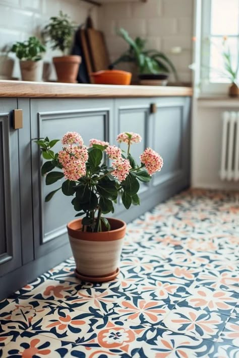 Trendy Kitchen Floor Tile Ideas 2024 Guide Boho Kitchen Floor Tiles, Kitchen Inspo Tile Floors, Pattern Kitchen Floor Tiles, Kitchen Floor Tile Design Ideas, Dining Room Tile Floor Ideas, Sunroom Flooring Ideas Tile, Retro Kitchen Flooring Ideas, Ceramic Floor Kitchen, Kitchen To Living Room Floor Transition