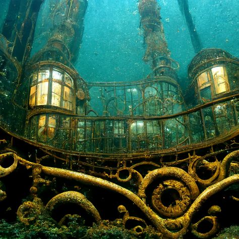 Ocean Steampunk, Steampunk Underwater, Fontaine Aesthetic, Horror Steampunk, City Under The Sea, Futuristic Steampunk, Dnd Aesthetic, Nautical Steampunk, Steampunk Ship