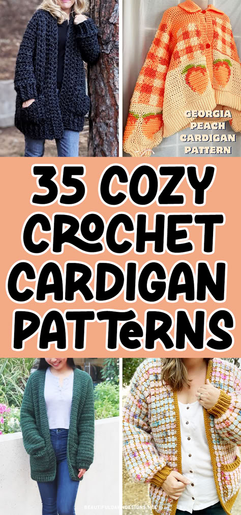 Get cozy with these crochet cardigan patterns for the fall and winter. You'll find chunky crochet sweaters, patchwork sweaters, easy sweater patterns, and more. Winter Crochet Clothes Patterns, Crochet Women Sweater Free Pattern, Easy Knitted Sweaters Free Pattern, Blanket Cardigan Crochet Pattern Free, Womens Crochet Cardigan Pattern, Crochet Fall Patterns Free Clothes, Chunky Yarn Crochet Sweater Pattern Free, Adult Crochet Patterns, Crochet Sweaters & Cardigans