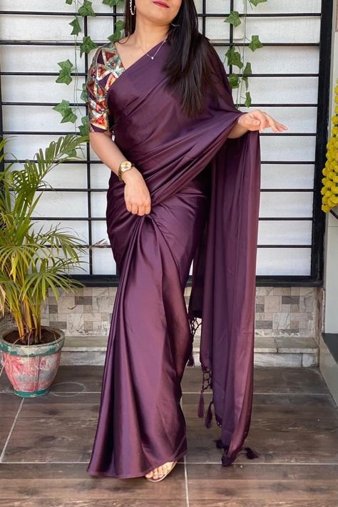 Satin Silk Saree For Farewell, Farewell Satin Saree, Solid Color Saree, Satin Silk Saree Blouse Designs, Work Saree Blouse Designs Latest, Satin Saree Blouse Designs, Trending Saree Blouse Designs, Satin Saree Party Wear, Saree With Hijab