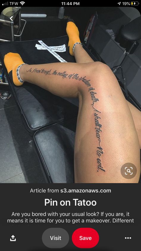 Leg Quote Tattoo, Side Leg Tattoo, Word Tattoo Designs, Back Of Leg Tattoos, Butterfly Tattoos Images, Cute Thigh Tattoos, Lower Leg Tattoos, Girl Neck Tattoos, Verse Tattoos