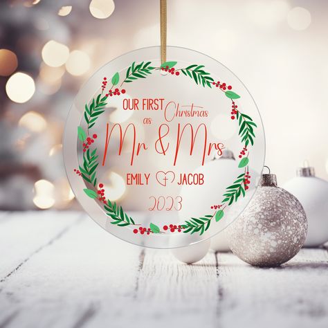 💍Celebrate the joy of a new journey with our Personalized Mr and Mrs Ornament. Choose between a classic glass or a modern acrylic finish to suit your style. It makes a thoughtful and sentimental gift for newlyweds, capturing the magic of their special day. Add a personal touch by customizing it with their names and wedding date. Spread warmth and love this holiday season with this beautiful ornament. Date Spread, Acrylic Christmas Ornaments, Ornaments Acrylic, Mr And Mrs Ornament, Engagement Gifts Newly Engaged, First Christmas Married Ornament, Married Gift, Gift For Newlyweds, Married Ornament