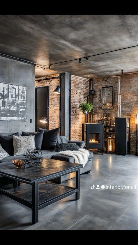 Industrial Living Room With Fireplace, Apartment Interior Industrial, Concrete Interior Design Living Room, Industrial Cozy Living Room, Neo Industrial Interior, Living Room White And Wood, Industrial Fireplace Ideas, Industrial Architecture Interior, Urban Industrial Living Room