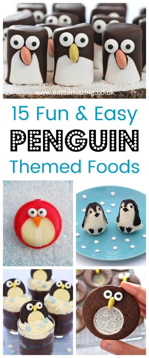 More than 15 fun penguin themed food ideas for kids - perfect for winter themed party food and fun snacks - Eats Amazing UK   #funfood #kidsfood #cutefood #foodart #edibleart #ediblecraft #penguins #penguin #partyfood #Christmasfood #christmaskids #festivefood #christmasparty #winterfood Bird Themed Snacks, Bird Snacks For Kids, Penguin Pull Apart Cupcakes, Penguin Appetizers, Bird Snacks, Penguin Themed Birthday Party, Penguin Snacks, Winter Themed Party, Food Ideas For Kids