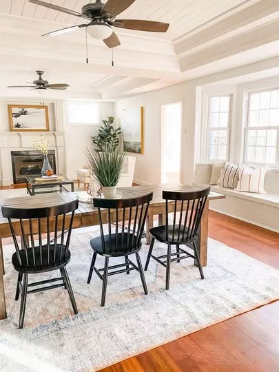 This modern farmhouse table with black Windsor chairs is ready and waiting for a family dinner! Farmhouse table, dining table with bench, dining room decor, black dining chairs, Windsor chairs, affordable home decor #LTKhome Dining Table With Windsor Chairs, Dark Dining Table With Light Colored Chairs, Dining Room Black Chairs Wood Table, Windsor Chairs Farmhouse Table, Black Windsor Chairs And Farm Table, Farmhouse Table And Black Chairs, Black Windsor Chairs Dining Room, Dining Tables With Black Chairs, Light Brown Table With Black Chairs