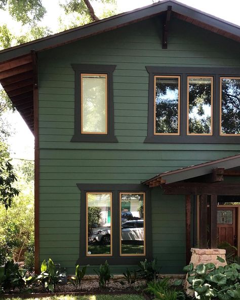 Black Forest Green House Exterior, Two Tone Green Exterior House Colors, Home Color Ideas Outdoor, Brown House With Green Trim, Green Country House Exterior, Green Color House Ideas, Craftsman Green Exterior, Cedar Paint Color Exterior, Green House Dark Trim