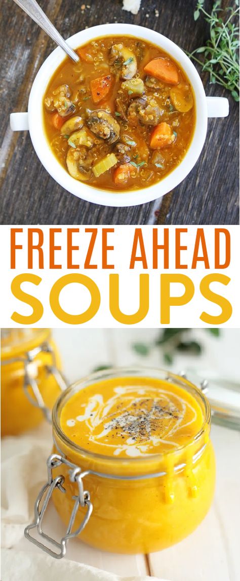 We love how hearty and filling soup is and it’s perfect for helping warm us up on a cold day. Not only that, but it’s packed with flavor. That’s why we rounded up these freeze ahead soups. You can use up leftover bits you’ve got in your fridge and freezer to put together a really delicious soup. And you can even make it ahead and freeze it so you always have homemade soup ready for you when those unexpected cold days crop up Soups To Make And Freeze, Soups You Can Make And Freeze, Meal Prep Soups Freezer Cooking, Soups That Can Be Frozen, Soups For Freezing, Soup To Freeze Recipes, Best Freezer Soups, Soup Recipes That Freeze Well, Make Ahead Soups To Freeze