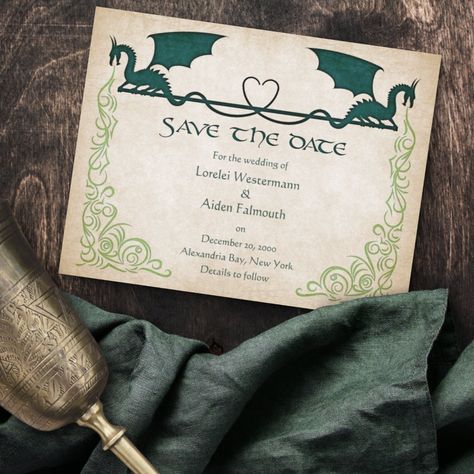 Any wedding would be better with a little dragon fire. The coordinating pieces of this dragonfire wedding invitation suite feature dragons and flames in ink with Celtic text on a parchment background. Perfect for your magical wedding, wizard wedding, Viking wedding, or epic fantasy wedding.   ***   Need to rearrange text or change text styles? Want to add wedding details to the back of the invite? All text and most text decorations are movable and removable. Just click "Personalize", then click Medieval Fantasy Wedding, Wizard Wedding, Fantasy Wedding Theme, Medieval Wedding Theme, Fairy Tail Wedding, Dragon Wedding, Nerd Wedding, Parchment Background, Pagan Wedding